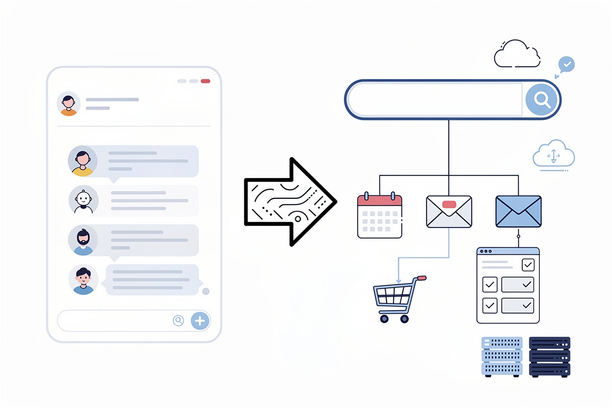 전통적인 챗봇 인터페이스와 목표 기반 OpenAI 에이전트 플로우를 비교해 보여주는 밝은 톤의 플랫 디자인 일러스트.