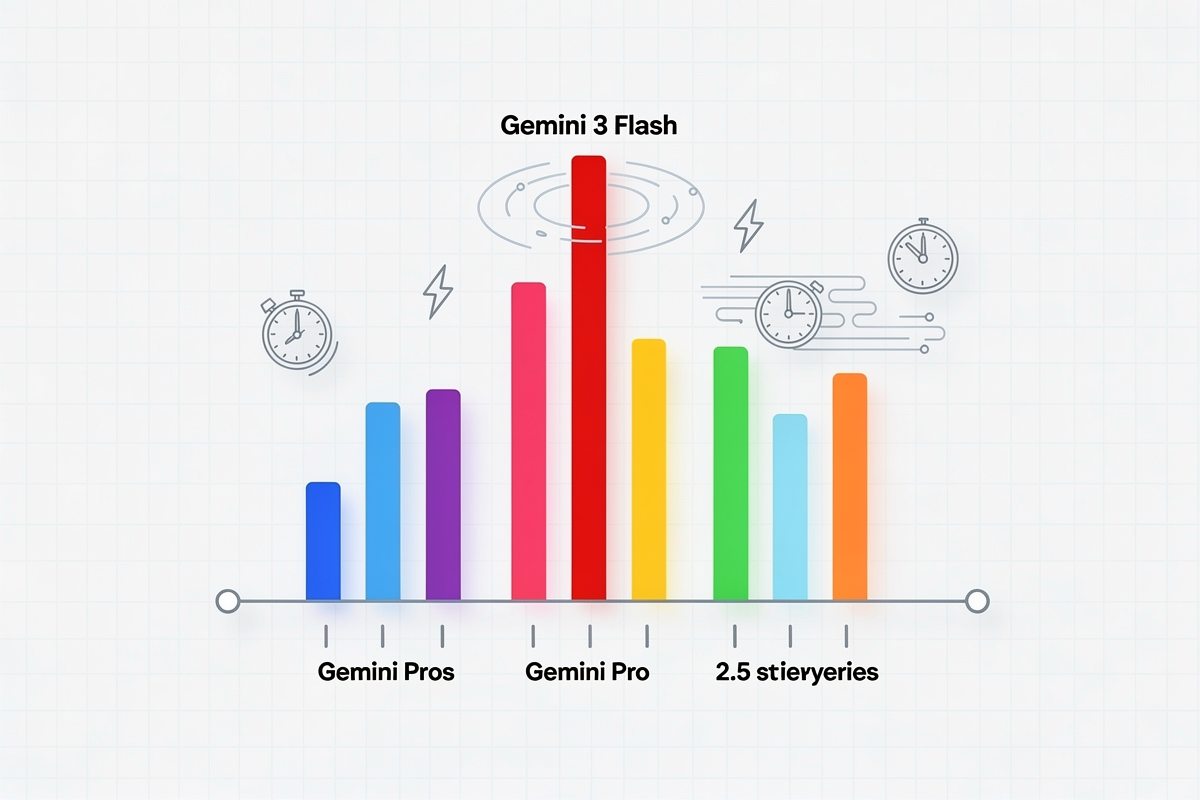 Gemini 3 Flash와 Pro, 2.5 계열 모델의 상대적인 속도와 지연시간 차이를 막대그래프로 표현해 Flash의 빠른 응답성을 강조한 데이터 시각화 이미지.