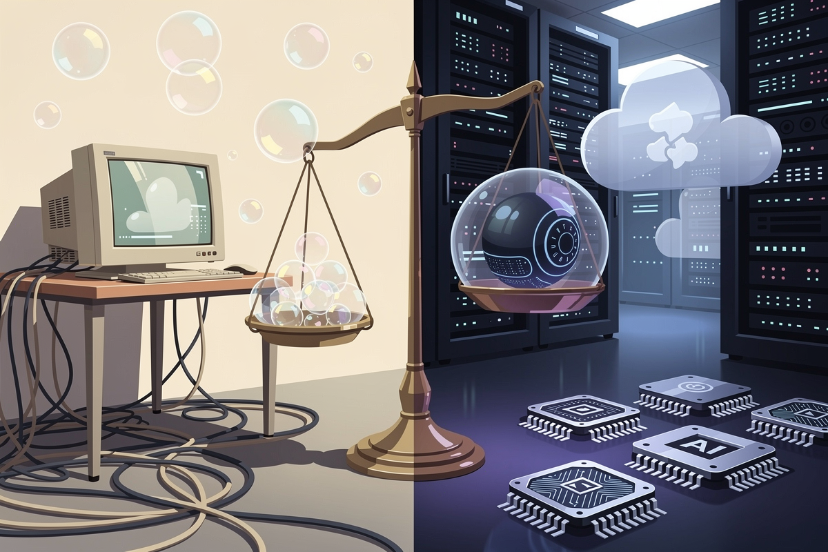 왼쪽은 CRT 모니터와 비누방울로 닷컴 버블을, 오른쪽은 데이터센터와 AI 칩, 단단한 구체로 현대 AI 투자 거품과 구조적 수요를 대비시키고 중앙 저울로 균형을 표현한 이미지.
