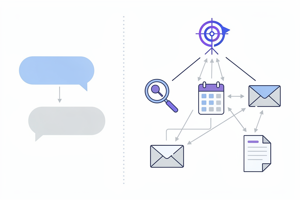 왼쪽의 단순 Q&A 챗봇 구조와 오른쪽의 복잡한 에이전틱 AI 워크플로를 대비한 인포그래픽 스타일 다이어그램 이미지