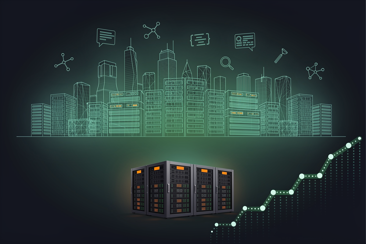 전경의 소규모 GPU 데이터센터와 배경의 설계도 형태 대규모 인프라, 계단형 그래픽으로 Nemotron 3 기반 엔터프라이즈 AI 공장의 PoC와 확장 미래를 표현한 이미지.