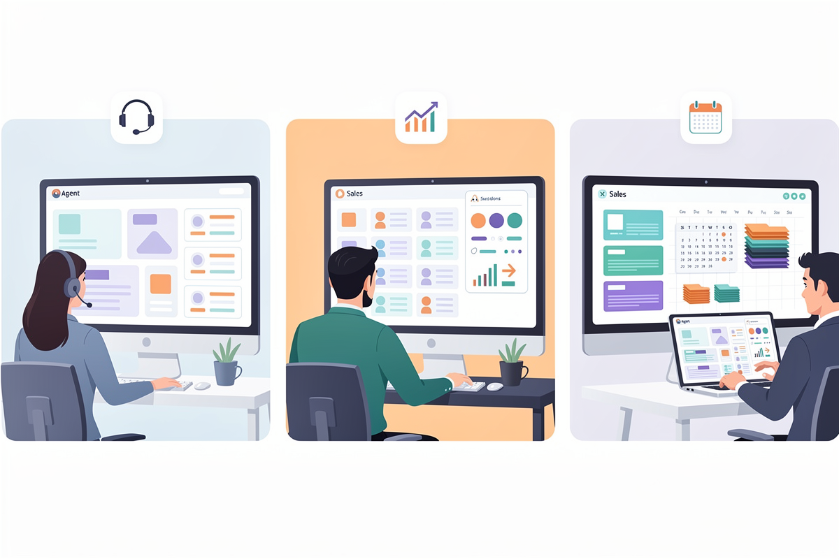 고객지원, 세일즈·마케팅, 사내 지원에서 OpenAI 에이전트가 업무를 자동화하는 세 가지 장면을 나란히 보여주는 비즈니스 일러스트.