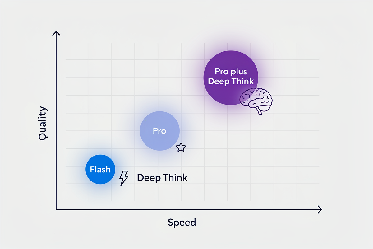속도와 품질 축 위에 Flash, Pro, Pro+Deep Think 세 조합의 위치를 버블로 나타내어 Google Gemini 3 Flash와 상위 모델들의 트레이드오프를 보여주는 인포그래픽.