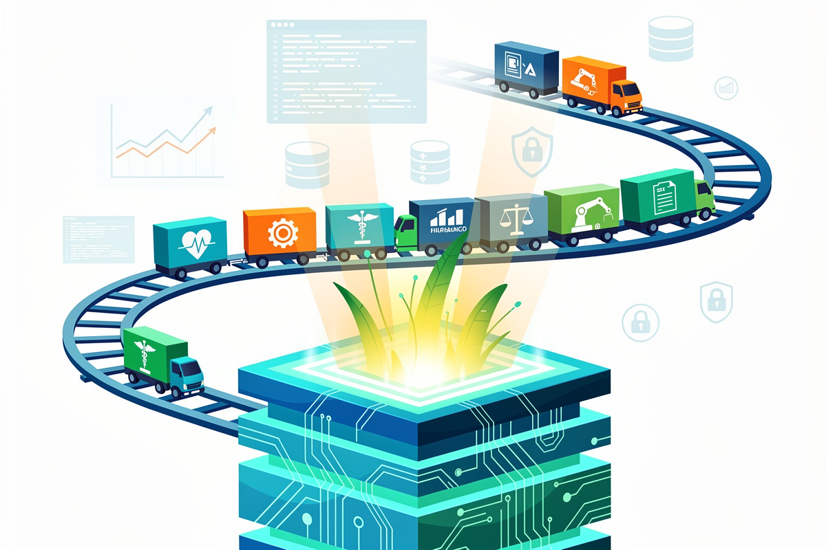 하단 거대한 AI 엔진 플랫폼 위로 레일을 따라 의료·제조·법률 등 아이콘이 붙은 작은 차량과 모듈 박스가 움직이며 프론티어 모델 기반 스타트업 수직 솔루션 전략을 밝고 역동적으로 표현한 이미지.