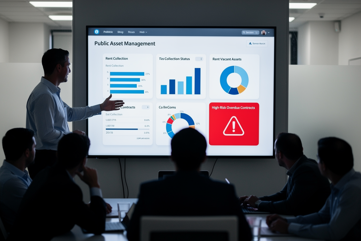 회의실에서 공무원들이 대형 모니터와 노트북에 표시된 공유재산 관리 대시보드를 보며 논의하고, 공실·임대료·체납 경고 위젯이 재정 의사결정을 지원하는 장면.