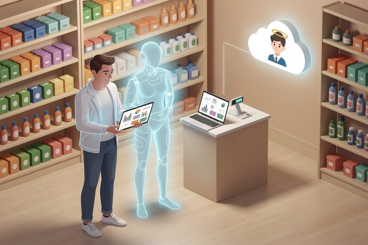 소매점 선반 앞에서 점원이 태블릿을 보고 있고 반투명 AI 실루엣과 클라우드 속 AI CEO 아이콘이 함께 재고·가격·주문 제안을 관리하는 Project Vend 2 콘셉트 일러스트.