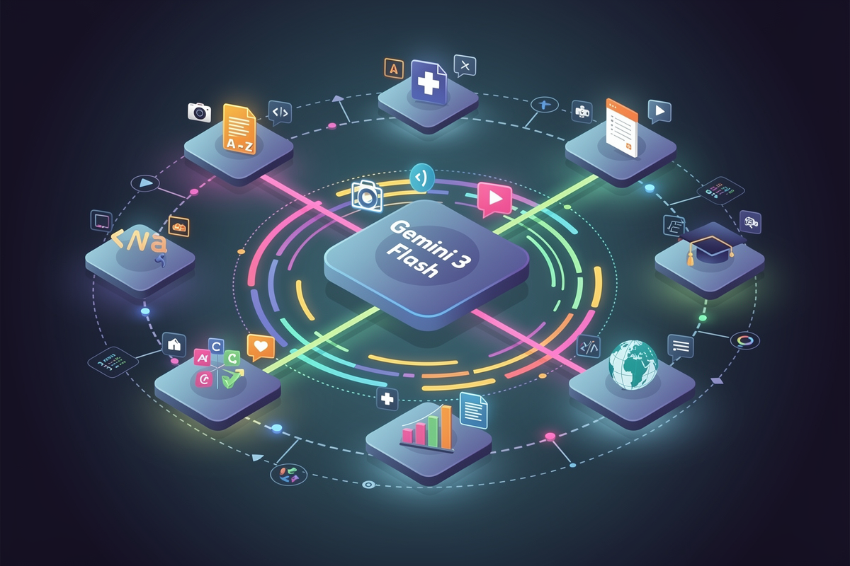 중앙의 가장 큰 섬으로 표현된 Gemini 3 Flash와 주변 경량·특화 모델 섬들이 점선 경로로 연결된 지도형 인포그래픽으로, 멀티모달 프런티어 모델 간 비교와 아키텍처 조합 가능성을 보여주는 이미지.
