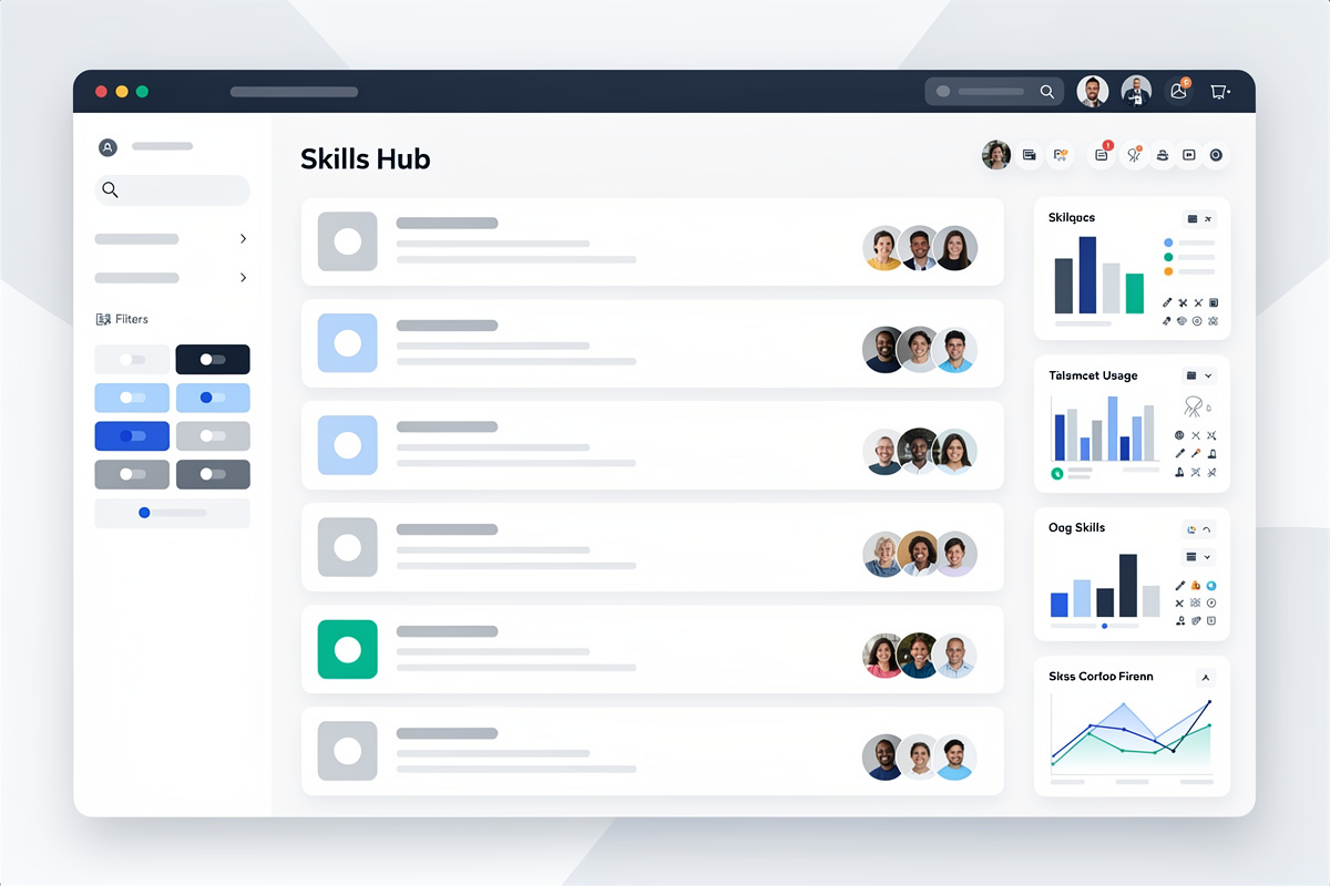 엔터프라이즈 콘솔 안에 팀별 스킬 리스트와 검색·필터, 사용량 막대 그래프가 배치된 Skills 허브 화면을 단순화된 UI 와이어프레임 스타일로 표현한 이미지.