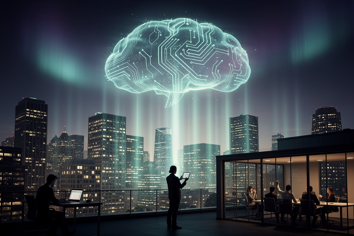 밤하늘 도시 전경 위로 곳곳에서 빛 기둥이 올라와 거대한 데이터 구름으로 합쳐지고, 개발자와 사용자 실루엣이 이를 바라보는 장면으로 국대 AI 파운데이션 모델의 미래 방향과 활용 전략을 상징한 이미지