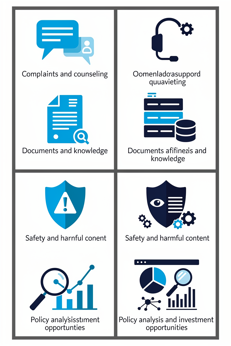 공공서비스 초거대 AI 사례 지형을 2x2 매트릭스로 표현한 인포그래픽으로, 시민접점 서비스와 내부 행정 자동화 영역을 아이콘과 색상 대비로 한눈에 보여준다.