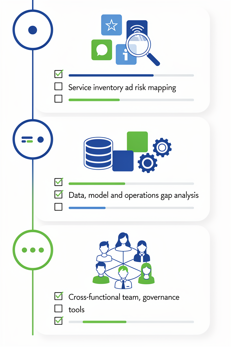 EU AI 법 집행 대응을 위한 3단계 체크리스트 흐름을 보여주는 세로 스텝 다이어그램으로, 애플리케이션 인벤토리·갭 분석·거버넌스 구성을 아이콘으로 표현한 이미지