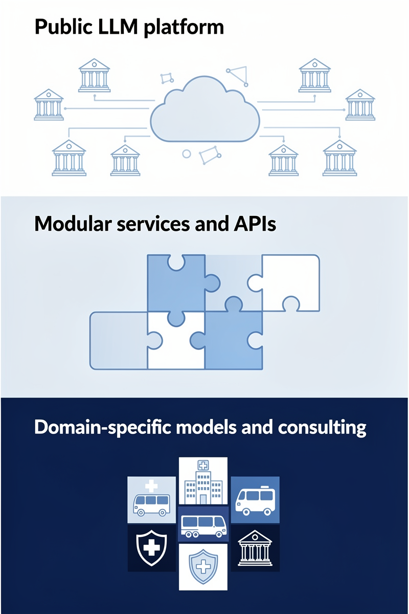 향후 3년간 공공 LLM 플랫폼, 모듈형 서비스·API, 도메인 특화 모델·컨설팅 등 공공서비스 초거대 AI 사업 기회를 세로형 인포그래픽으로 정리한 이미지.