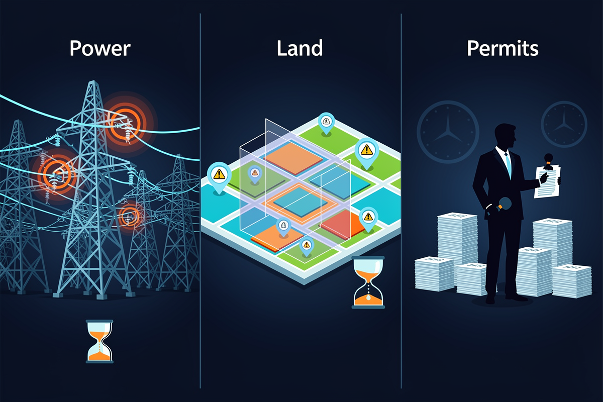 전력망, 부지 경쟁 지도, 인허가 규제 담당자 실루엣을 세 구역으로 나눠 AI 데이터센터 전력·입지·인허가 3대 병목을 경고 아이콘과 모래시계로 표현한 벡터 일러스트.